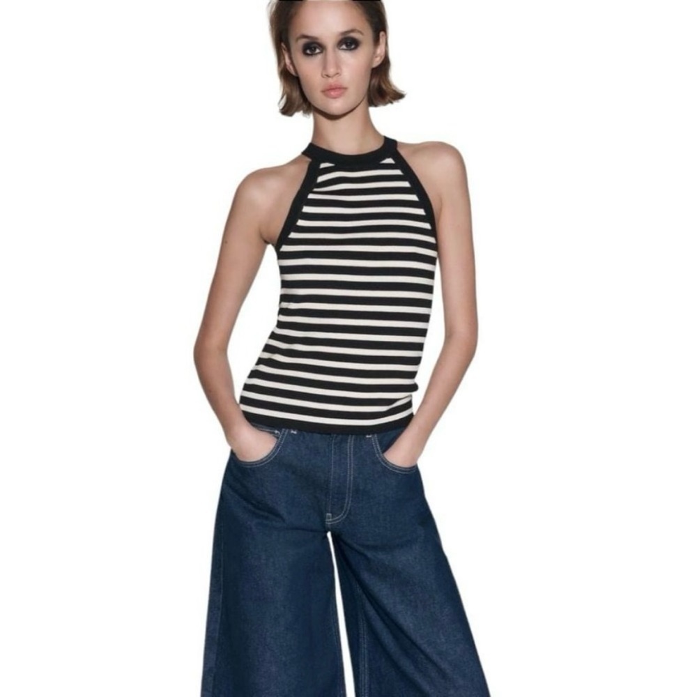 NWT Zara Striped Knit Halter Top Black and White Size XS​​​